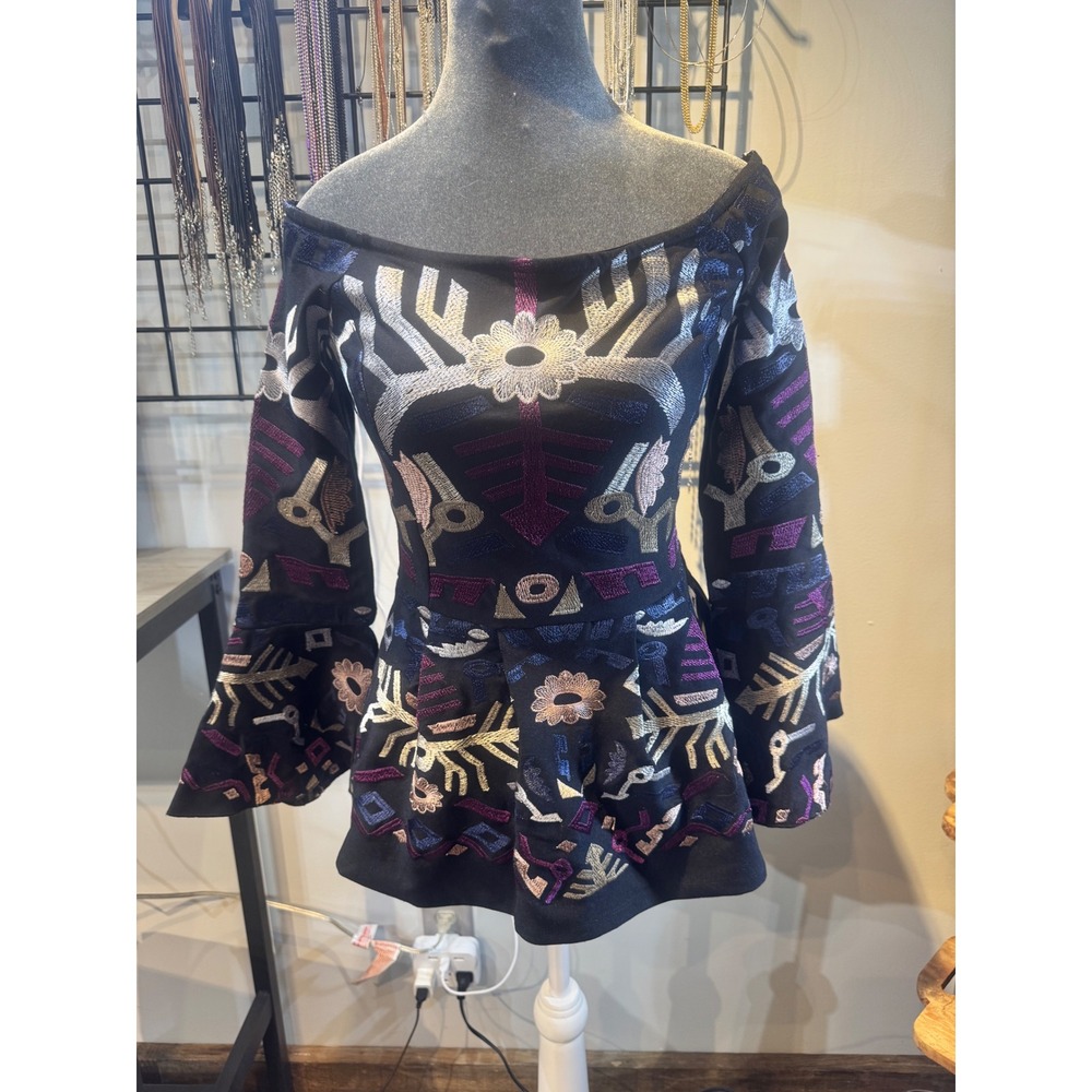 Venus Black Embroidered Off Shoulder Bell Sleeve Peplum Top Womens XS